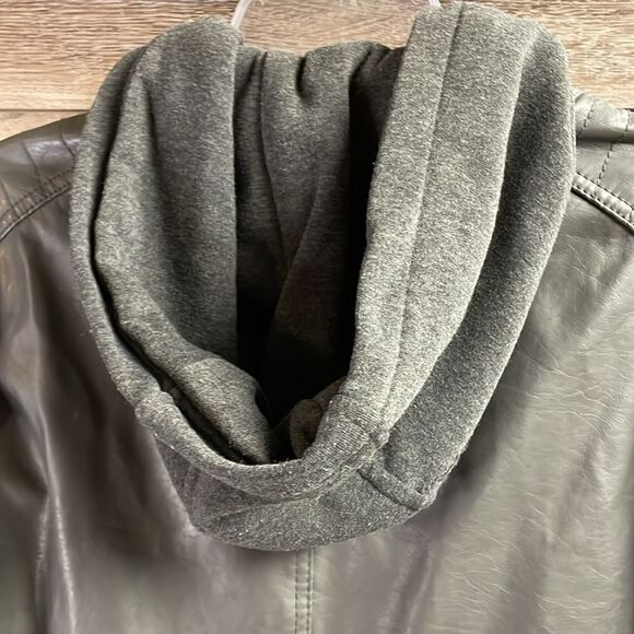 CARBON Women’s Hooded Faux Leather Riding Jacket Coat Dark Grey Size Large - Picture 8 of 11